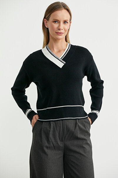 Sementa Blok Renk Kombinli Triko Kazak - Siyah