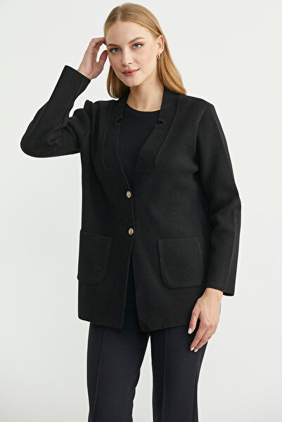 Sementa Μάλλινο πλεκτό μπουφάν με λεπτομέρεια τσέπης με κουμπιά - Μαύρο