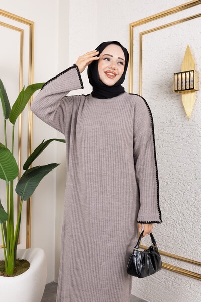 Eliva Women's Mink Shoulder Striped Winter Knitwear Hijab Dress