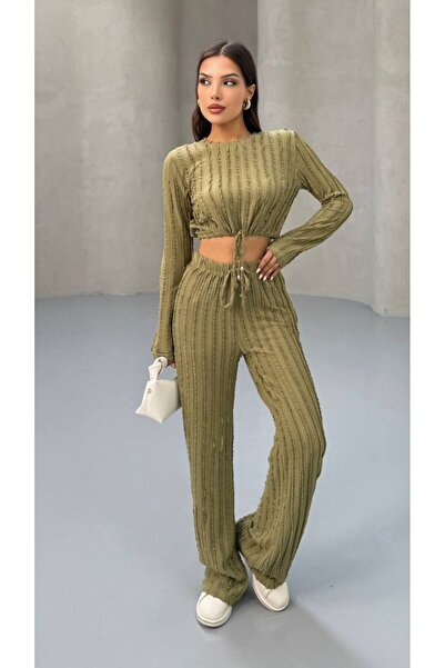 MY DEPO Women's Waist Tie Crop Pants Set