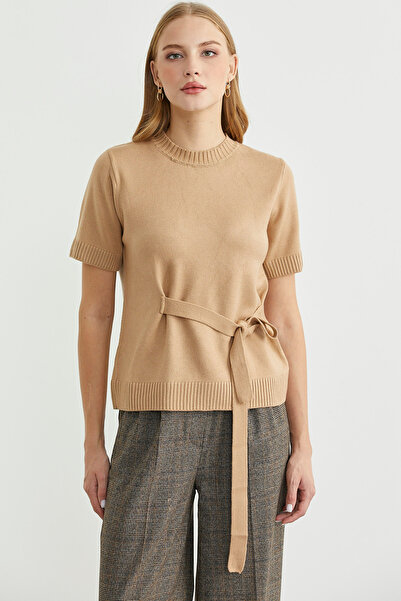Sementa Belted Short Sleeve Knit Sweater - Camel