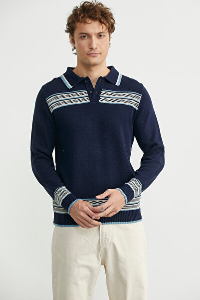Sementa Polo Neck Kilim Patterned Knitwear Sweater - Navy Blue
