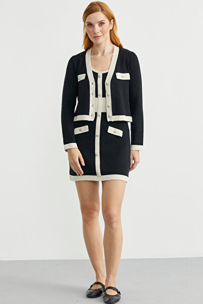 Sementa Blok Geçişli Elbise Hırka Triko Takım - Taş