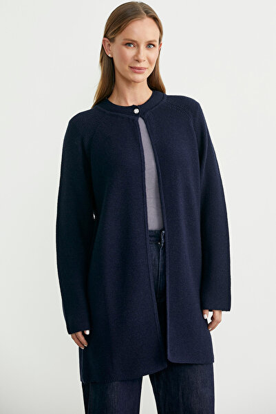 Sementa Sıfır Yaka Yünlü Uzun Triko Hırka - Lacivert