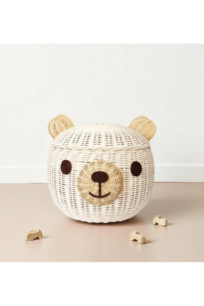 Felis Arte Natural Bamboo Teddy Bear Basket / Storage Box (Large Size) Handmade, Rattan, with Lid, Cream Color