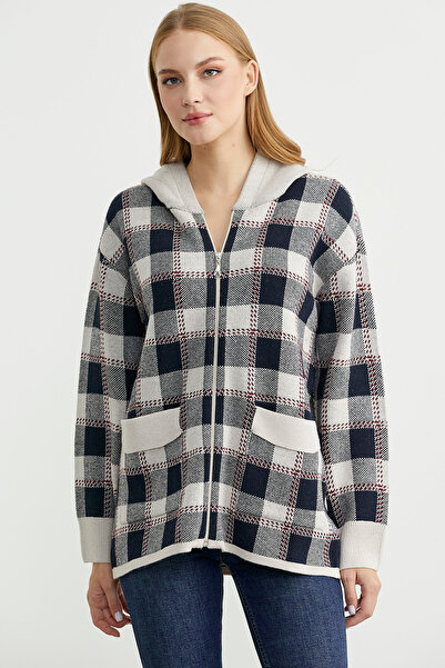 Sementa Renkli Ekose Geçişli Yünlü Triko Hırka - Taş