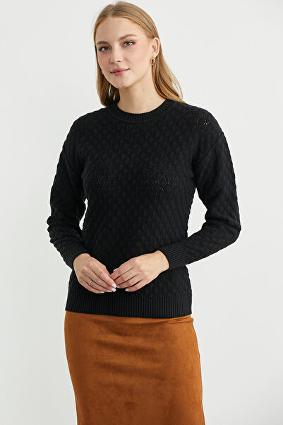 Sementa Patterned Crew Neck Knit Sweater - Black