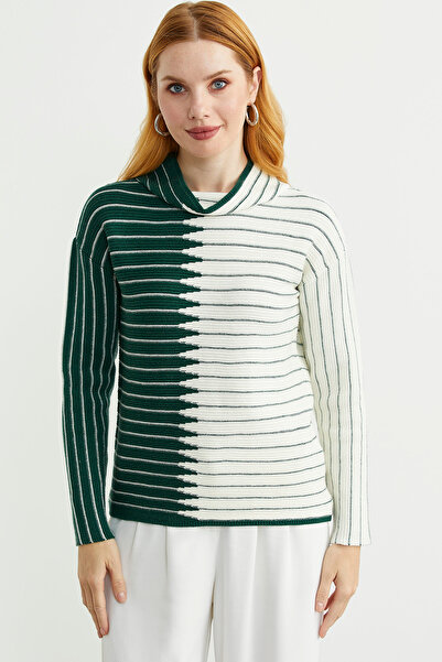 Sementa Dik Yaka Kontrast Triko Kazak - Yeşil