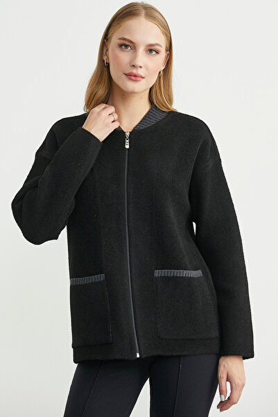 Sementa Wool Knit Jacket with Zipper Pocket Detail - Black
