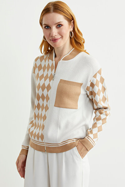 Sementa Zippered Diamond Motif Knitwear Cardigan - Camel
