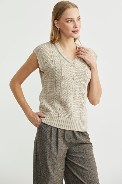 Sementa Wool V-Neck Knitwear Sweater - Beige