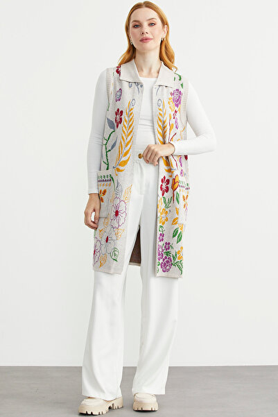 Sementa Кольоровий вовняний довгий трикотажний жилет з квітковим візерунком - бежевий