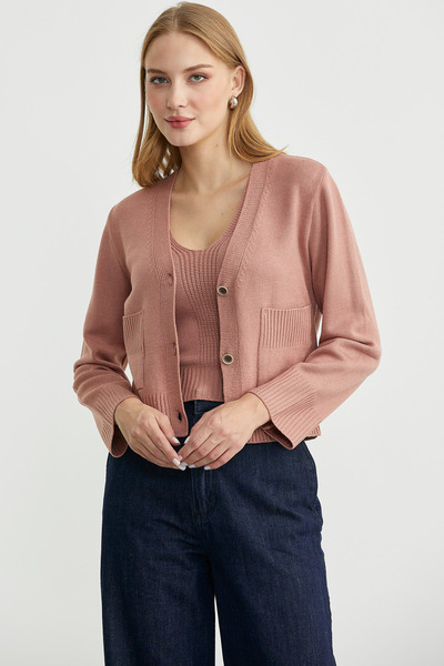 Sementa Knitwear Cardigan Crop Two-Piece Set - Rose