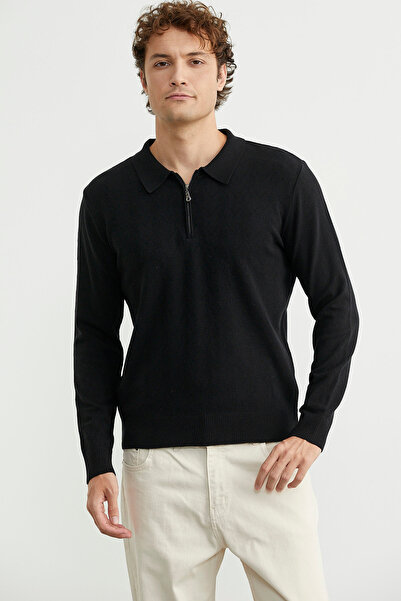 Sementa Zippered Polo Neck Knit Sweater - Black