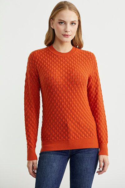 Sementa Patterned Crew Neck Knit Sweater - Orange