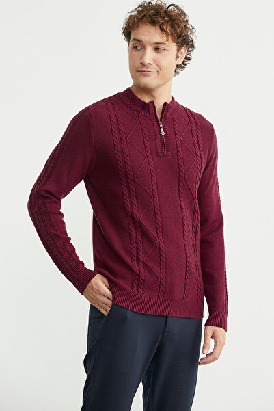 Sementa Half Zipper Stand Collar Knit Sweater - Burgundy