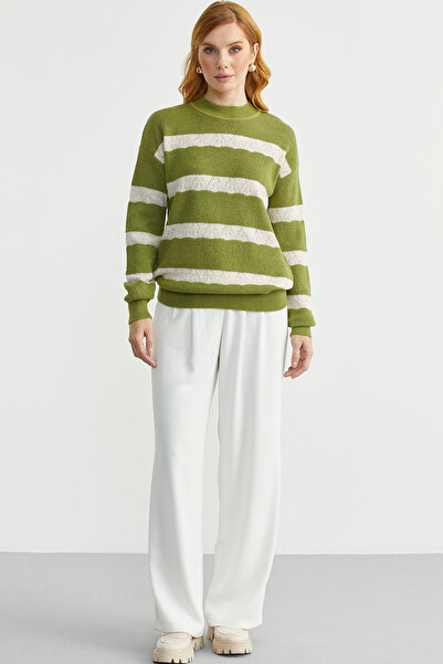 Sementa Dik Yaka Çizgili Triko Kazak - Yeşil
