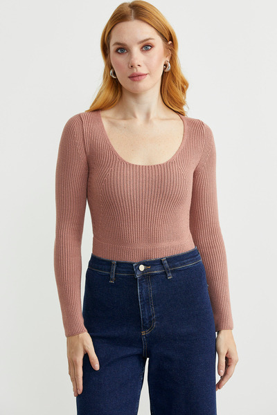 Sementa Fitilli Alttan Çıtçıtlı Triko Kazak - Gül