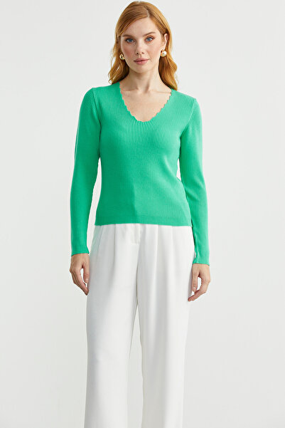 Sementa Ribbed Basic V-Neck Knit Sweater - Green