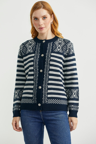 Sementa Metal Düğmeli Çizgili Yünlü Triko Hırka - Lacivert