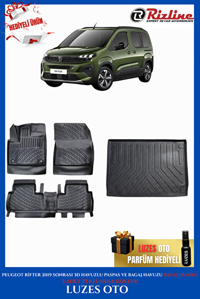 Rizline Peugeot Rifter 3D Havuzlu Paspas 3 ADET TEKLİ ARKA KOLTUK ve Bagaj Ha...