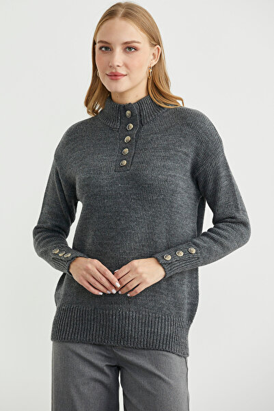 Sementa Dik Yaka Düğme Detaylı Yünlü Triko Kazak - Koyu Gri