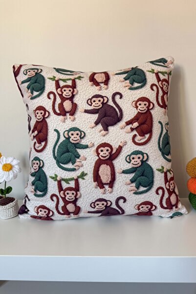 decofav Husă de pernă cu model Naughty Monkeys Efect de broderie 3D Punch Imp...