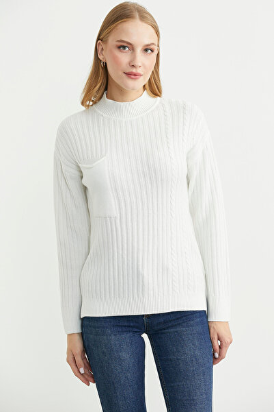 Sementa Pulover tricotat cu guler înalt și detaliu de buzunar - Bone