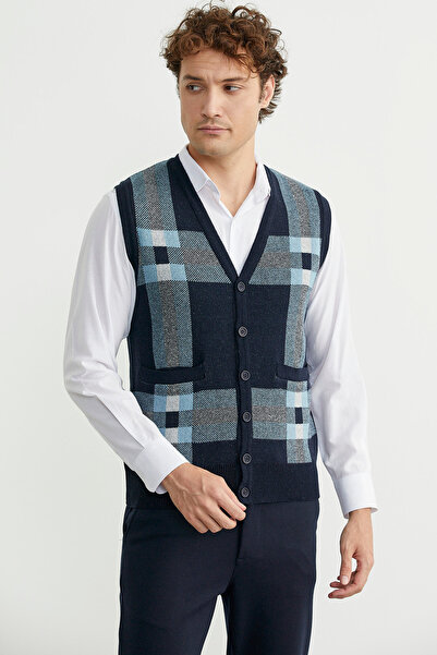 Sementa Buttoned Wool Thick Knit Vest - Navy Blue