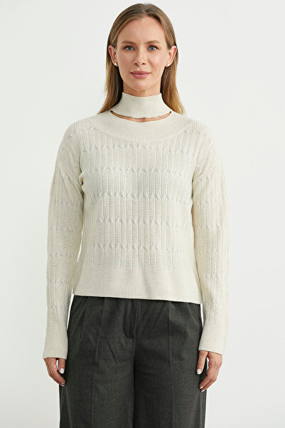 Sementa Saç Örgü Basic Dik Yaka Triko Kazak - Taş