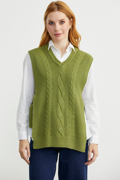 Sementa Wool Knit Sweater with Side Tie Detail - Green