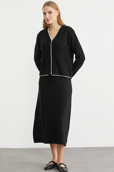 Sementa Flared Skirt Cardigan Knitwear Set - Black