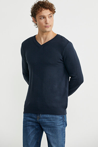 Sementa V-Neck Basic Knit Sweater - Navy Blue