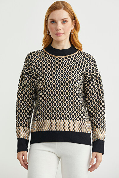 Sementa Yarım Balıkçı Renk Motifli Triko Kazak - Siyah