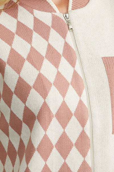 Sementa Zippered Diamond Motif Knitwear Cardigan - Rose