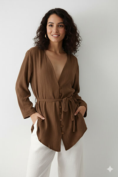 My Blog Brown Multi-Button Kimono