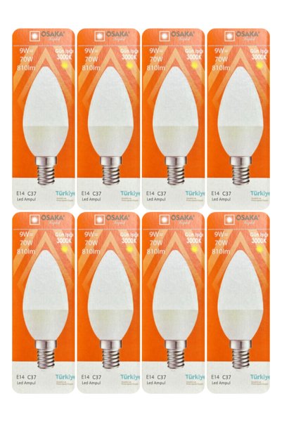 Avarson (8 Adet) Osaka 9W (70W) Sarı Işık (3000K) E14 Duylu (İnce Duy) Led Mu...