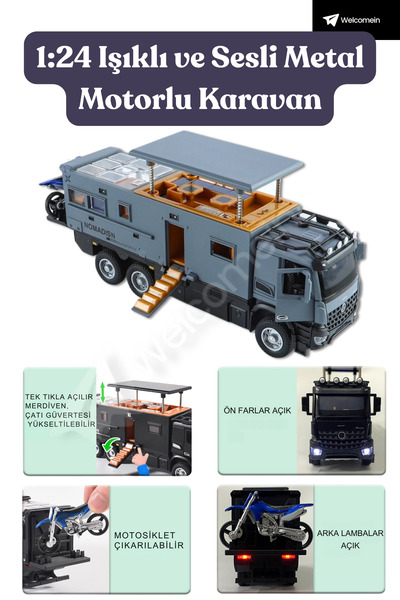 welcomein 1:24 Karavan Model Araç Çek Bırak Sesli Işıklı Açılır Tavan Merdive...