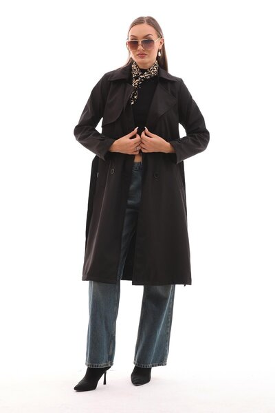 soi fashion Kuşaklı Astarlı Uzun Trençkot Siyah