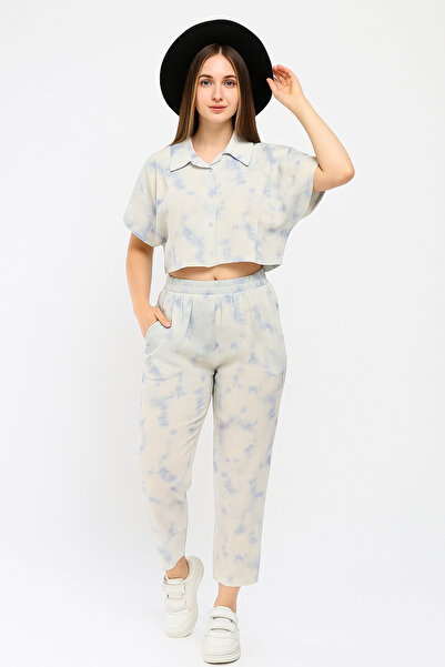 SheLoria Women's Blue and White Patterned Crop Top and Pocketed Pants Morocca...