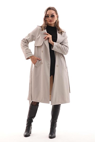 soi fashion Kuşaklı Astarlı Uzun Trençkot Taş