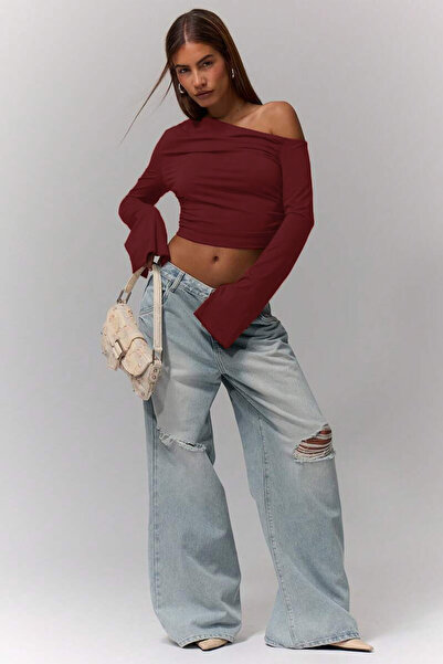 ecemore Asymmetrical Neckline Drawstring Detail One Shoulder Spanish Sleeve Burgundy Crop Blouse Top