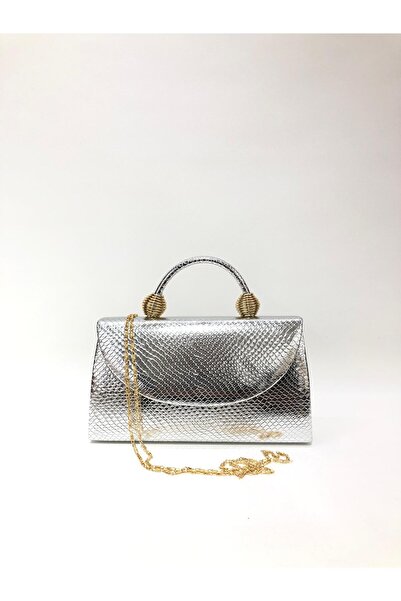womenacs Silver Color Snakeskin Material Evening Dress Portfolio Handbag with Long Strap (Chain Strap) Women's Bag