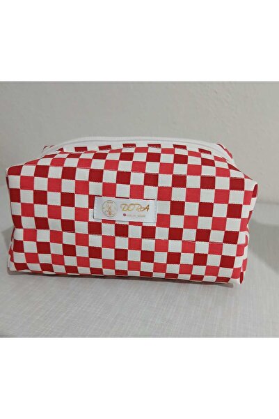 dora ev tekstıl Makeup Bag Red Checkered《Duck Fabric》