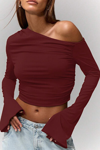 ecemore Asymmetrical Neckline Drawstring Detail One Shoulder Spanish Sleeve Burgundy Crop Blouse Top