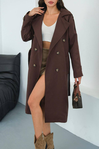 Mode Roy Kahverengi Trençkot Tek Düğmeli Çentikli Yakalı