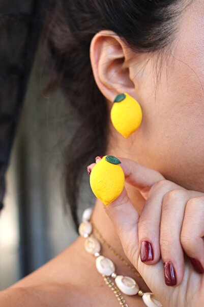 Gizy Store Polimer Kil Sarı Limon Küpe Altın Kaplama Anti Alerjik Kadın Küpe Çivili