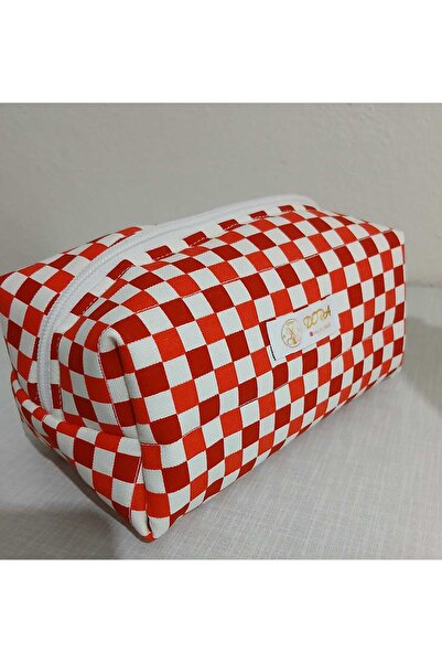 dora ev tekstıl Makeup Bag Red Checkered《Duck Fabric》