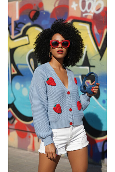 NİLZA çilek motifli el örgüsü özel tasarım triko hırka