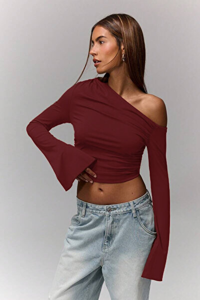 ecemore Asymmetrical Neckline Drawstring Detail One Shoulder Spanish Sleeve Burgundy Crop Blouse Top
